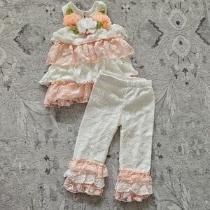 Rare editions matching lace ruffle set in cream and peach 18 months